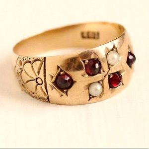 ⚜️Victorian Garnet Band~Late 1800s Antique 10k Rose Gold Seed Pearl Flower Ring